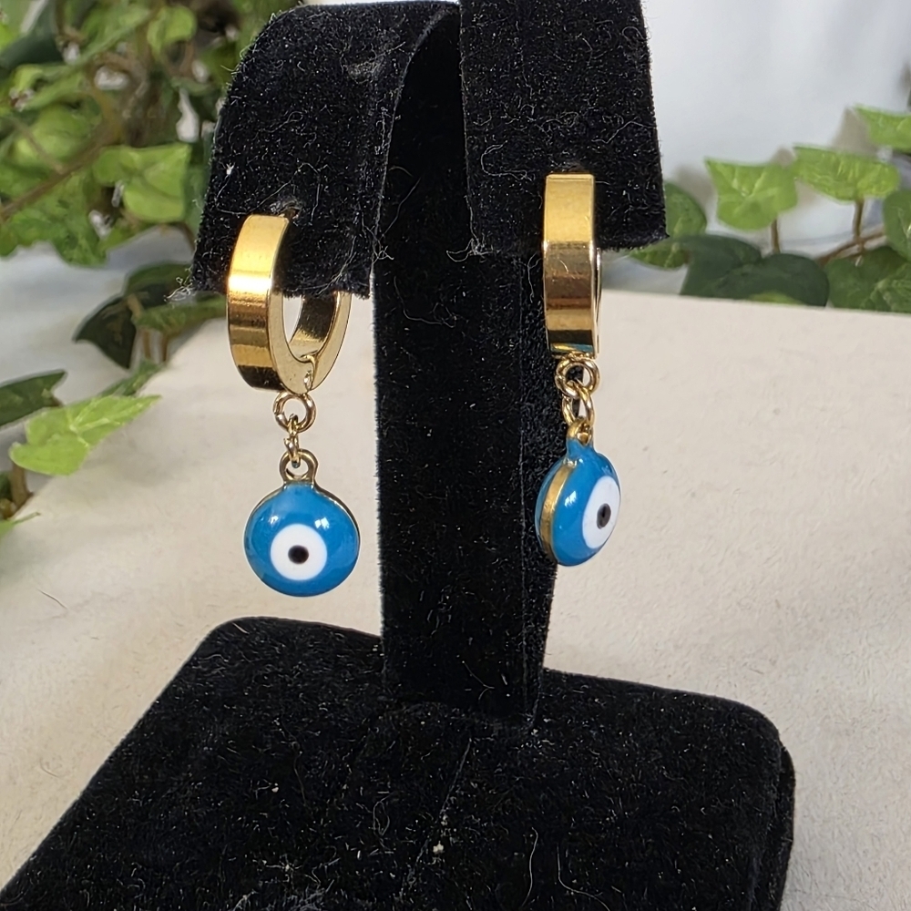 Gold Stainless Steel Huggie Hoop Earrings with Evil Eye Charm - Picture 9 of 17
